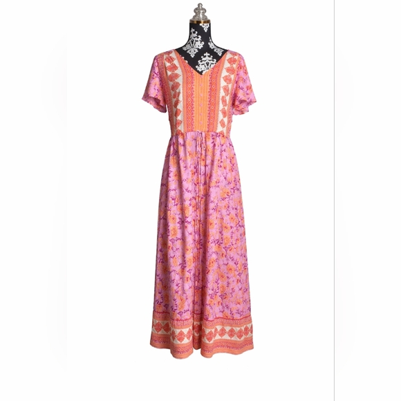 Zesica Dresses & Skirts - Zesica Pink Orange Floral Maxi Dress 100% Rayon Flutter Sleeve XL NWT Easter